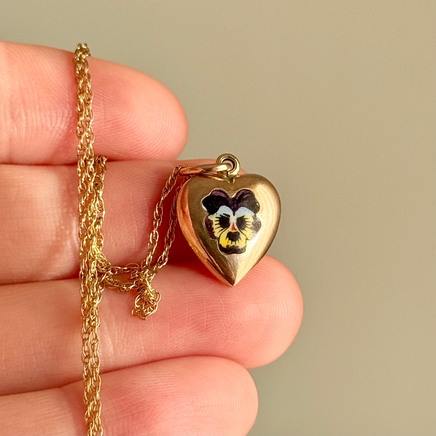 Exquisite Enamel Pansy Heart Pendant in 9 Carat Gold; Circa 1880