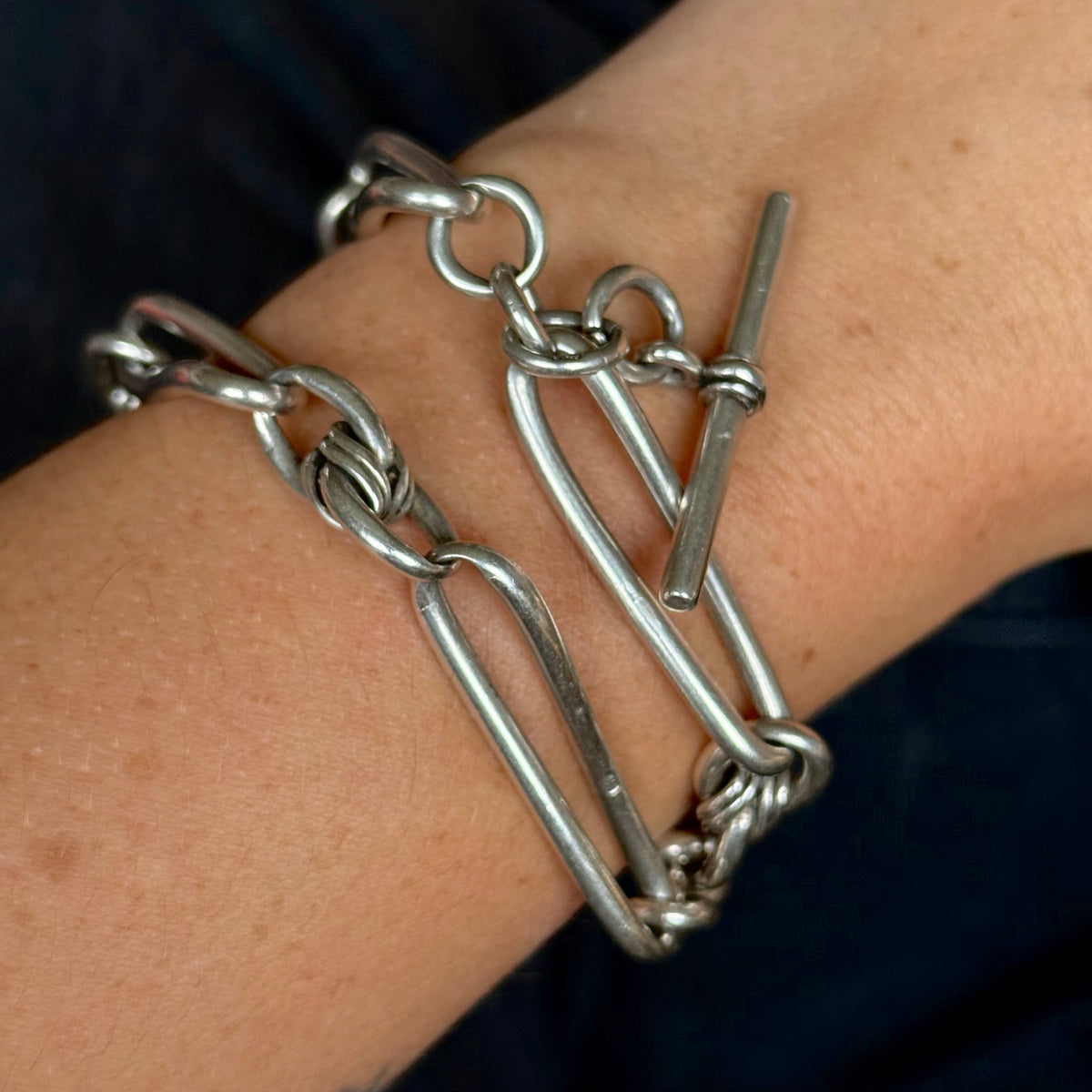 Victorian Heavy Trombone & Lover's Knot Chain in Silver; circa 1893