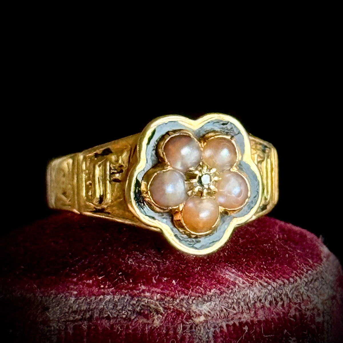Victorian Diamond & Pearl Mourning Ring in 18 Carat Gold; Circa 1838
