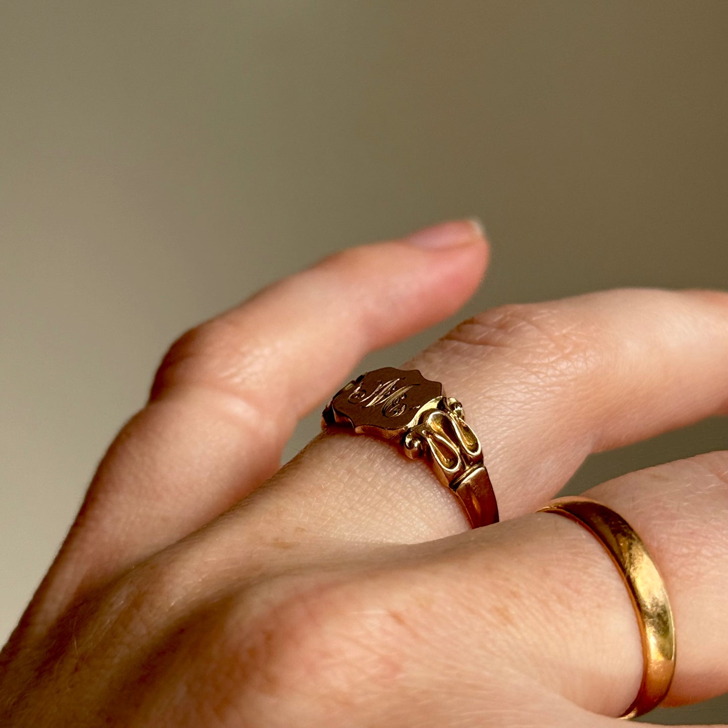 Antique Edwardian Initial 'M' Signet Ring in 9 Carat Gold; Circa 1910