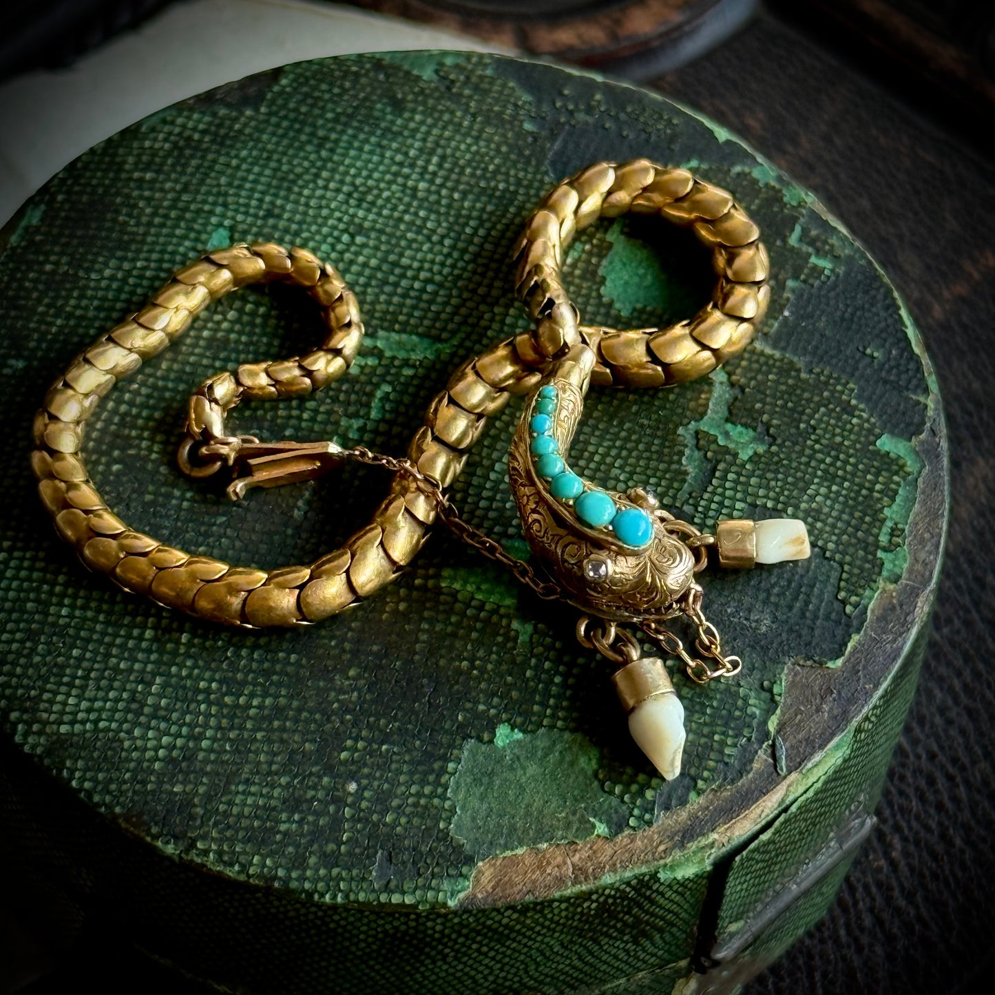 Victorian Diamond & Milk Tooth Snake Bracelet in 15 Carat Gold; Circa 1880