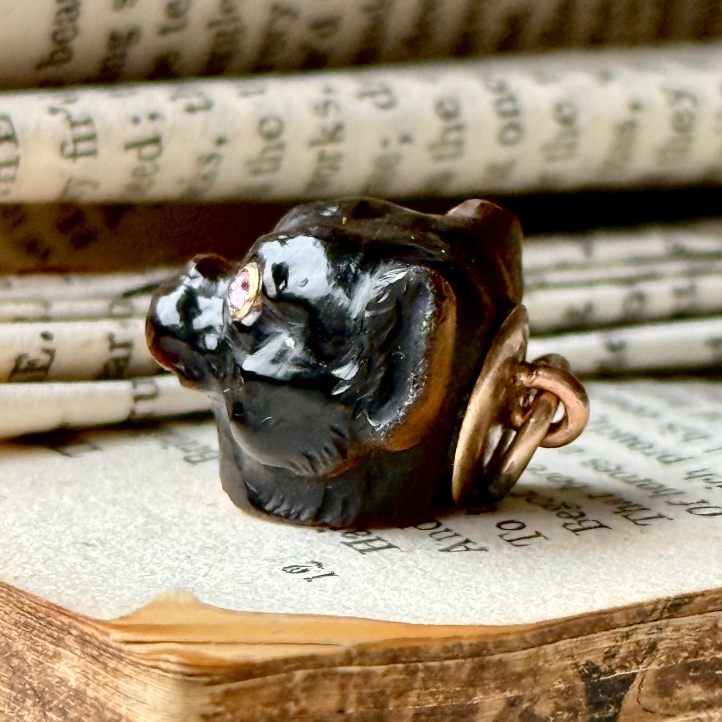 Antique Carved Tiger's Eye Pug Pendant With Ruby Eye's