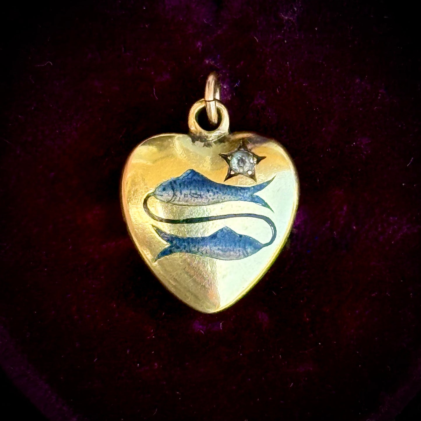 Vintage Pisces Enamel & Diamond Puffy Heart Pendant