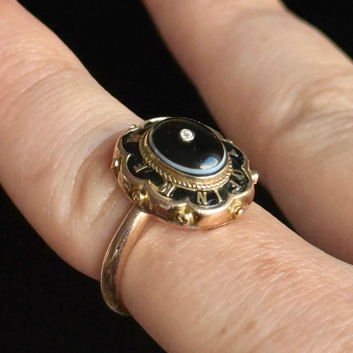 Antique Diamond Bulls Eye Mourning Ring 9 Carat gold; Circa 1860