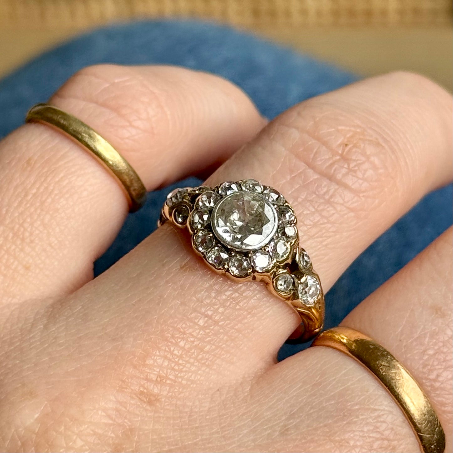 Boxed Vintage Old Cut Diamond Cluster Ring in 18 Carat Gold