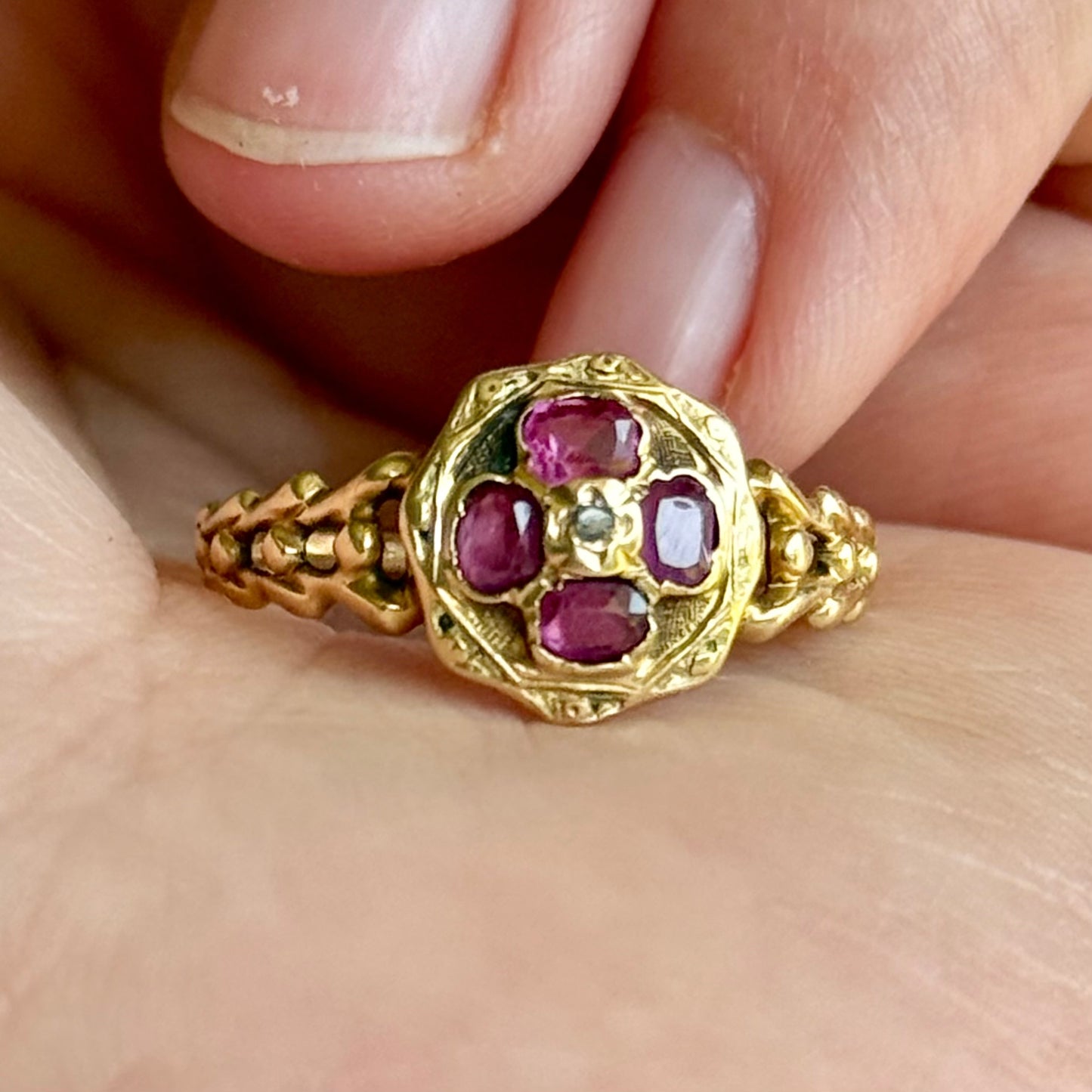 Late Georgian Ruby & Pearl Ring in 15 Carat Gold