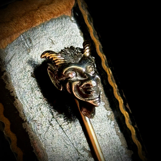 Rare Victorian Devil’s Head Tie Pin with Rose Cut Diamonds in Box Circa 1870