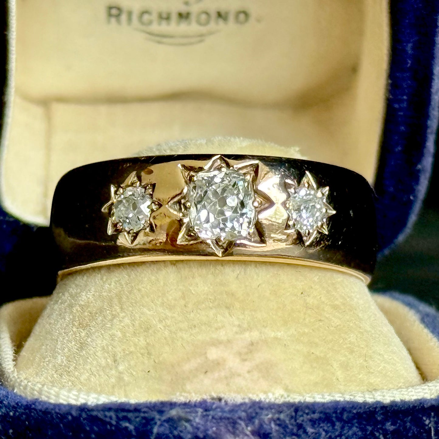 Antique Diamond Trilogy in 9 Carat Rose Gold Ring; Circa 1899
