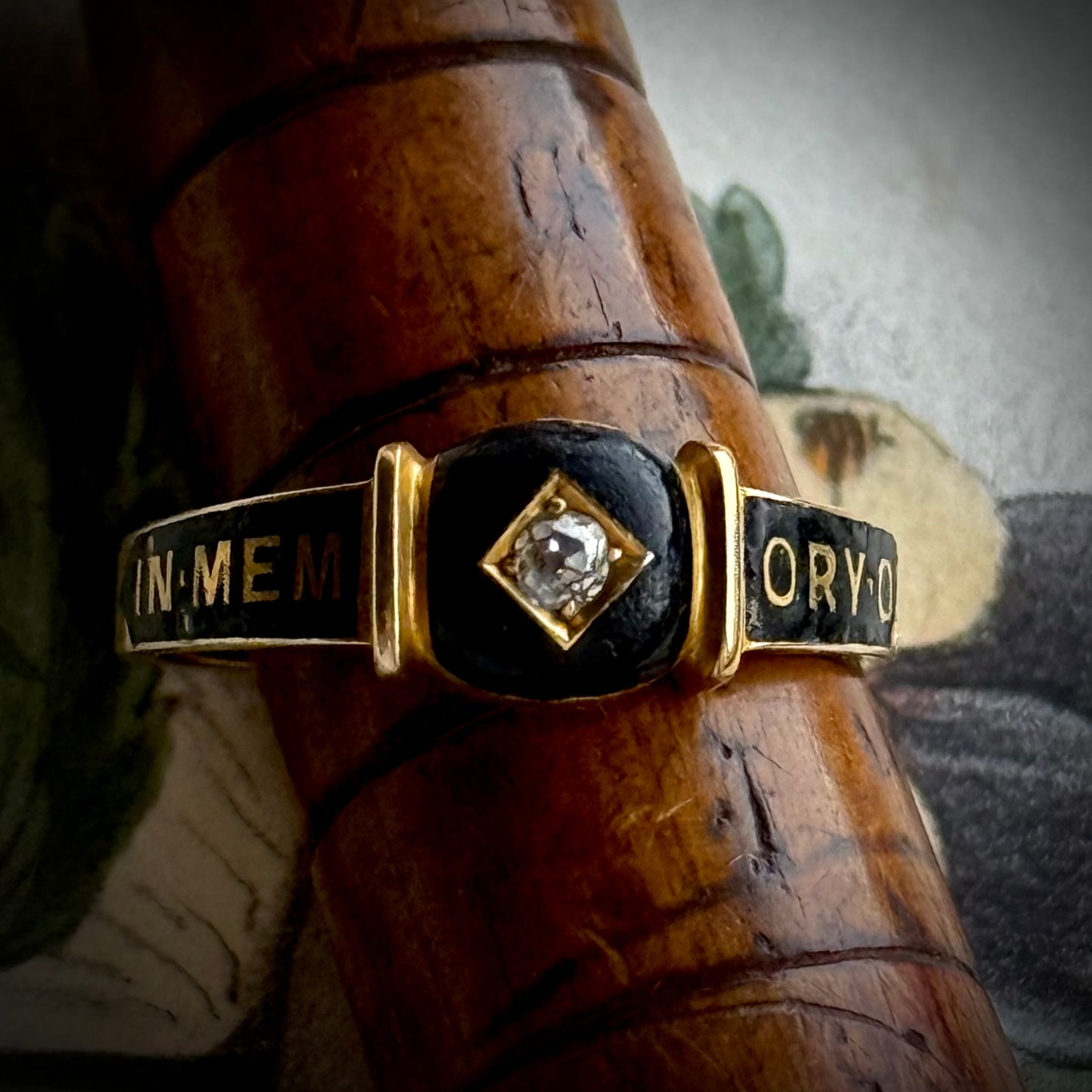 Antique Victorian Diamond Enamel Mourning Ring in 18 Carat Gold; Circa 1894