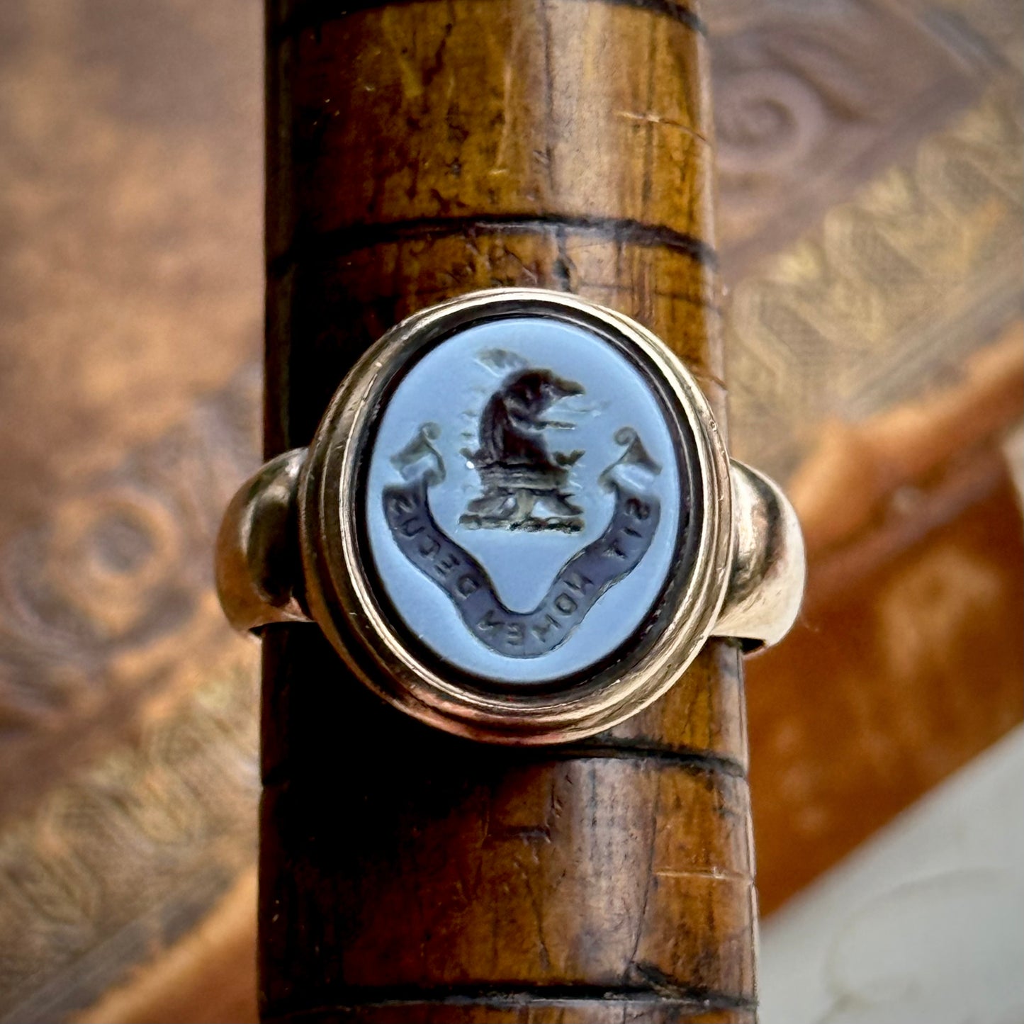 Antique Victorian Sardonyx Signet Ring in 9 Carat Rose Gold; Circa 1897