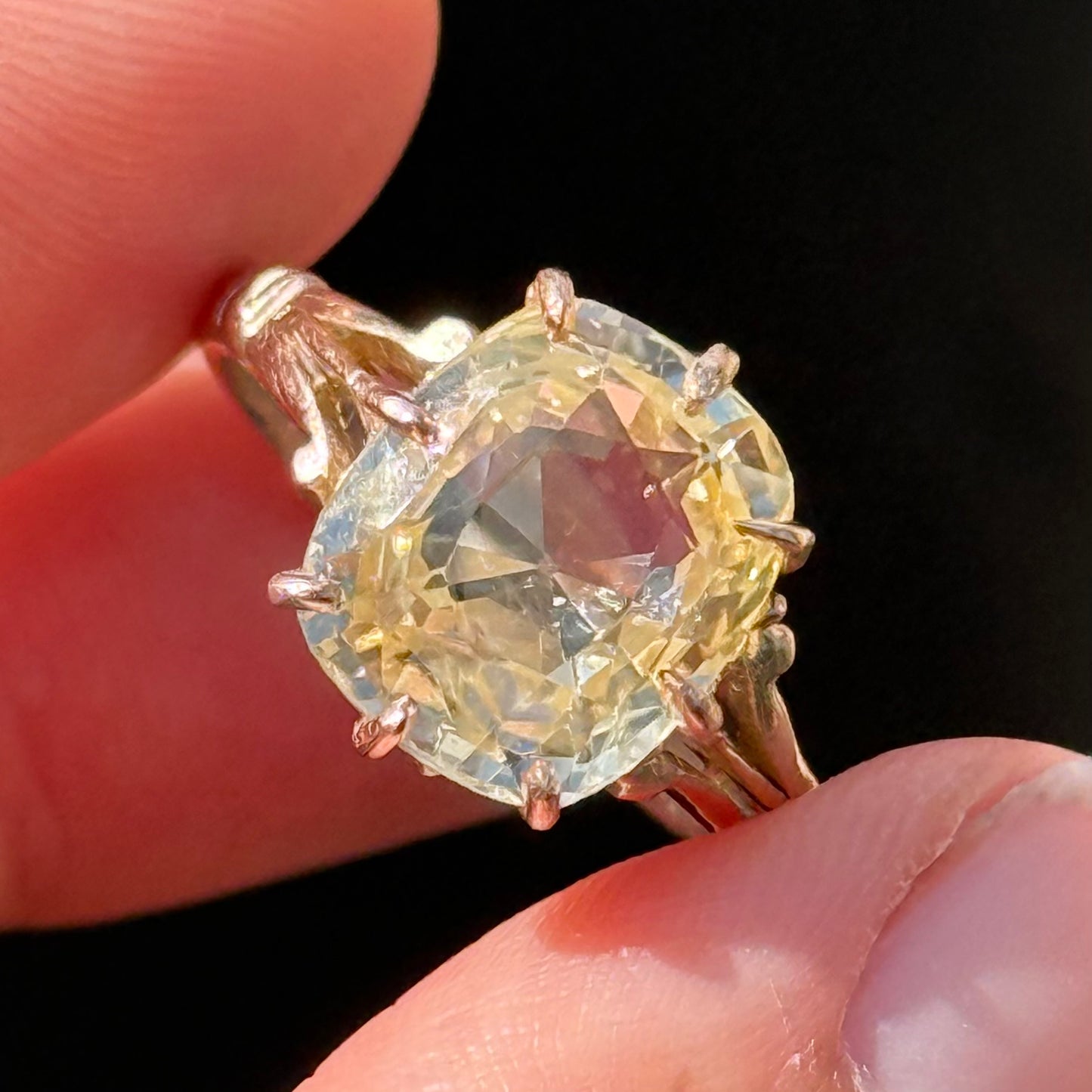 Antique Yellow Sapphire Cushion Cut Ring; Circa 1910