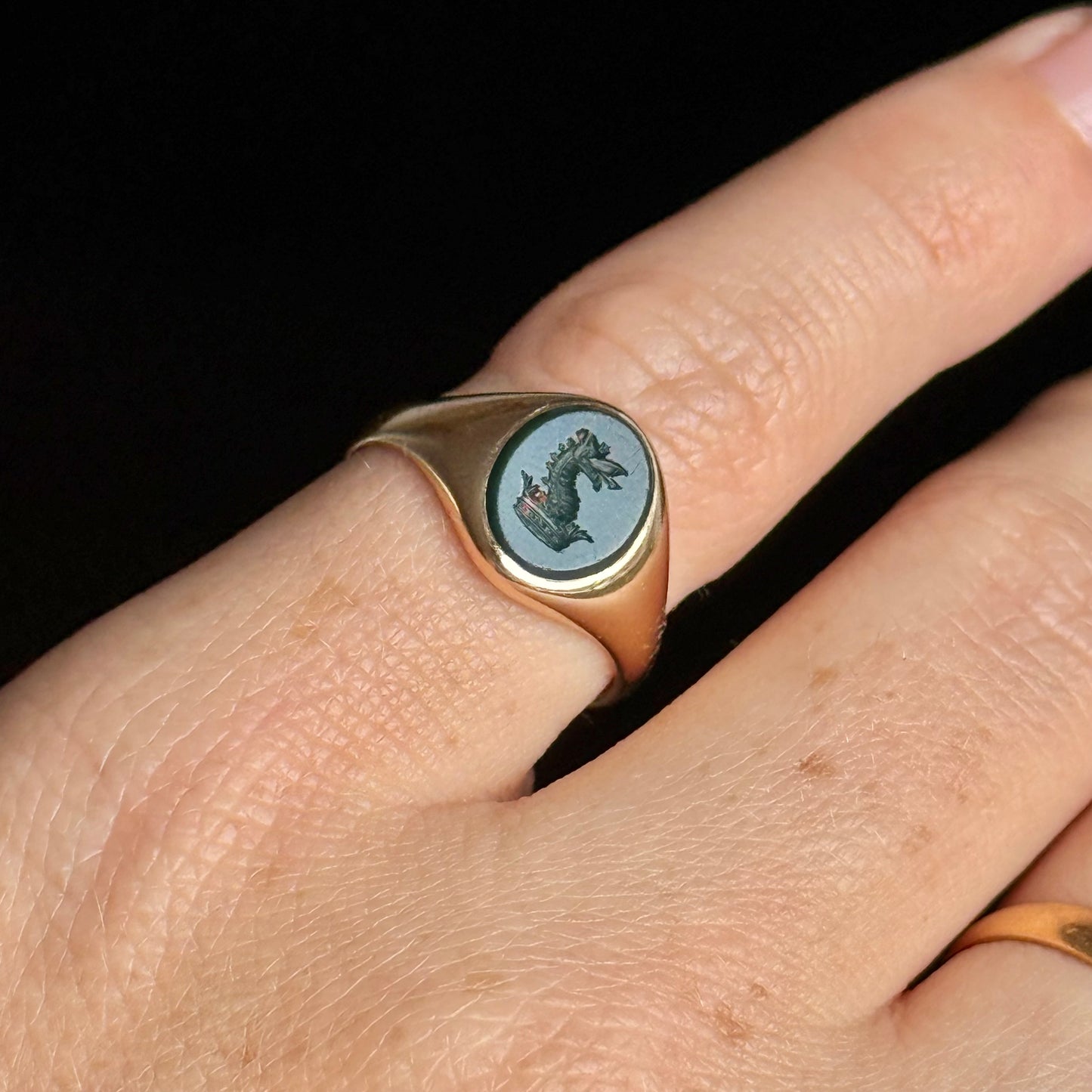 Antique Dragon Intaglio Signet Ring; Circa 1900