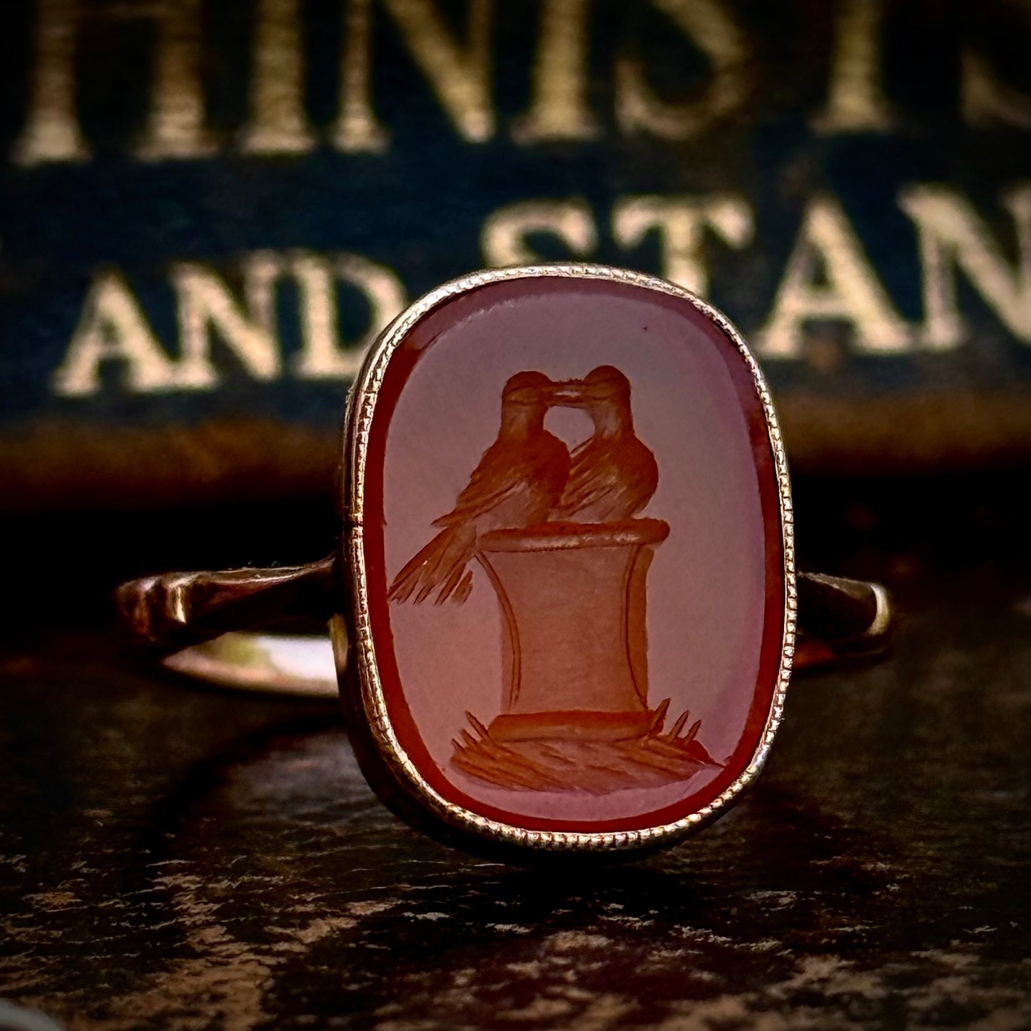 Antique Victorian Love Birds Intaglio Ring in 9 Carat Gold