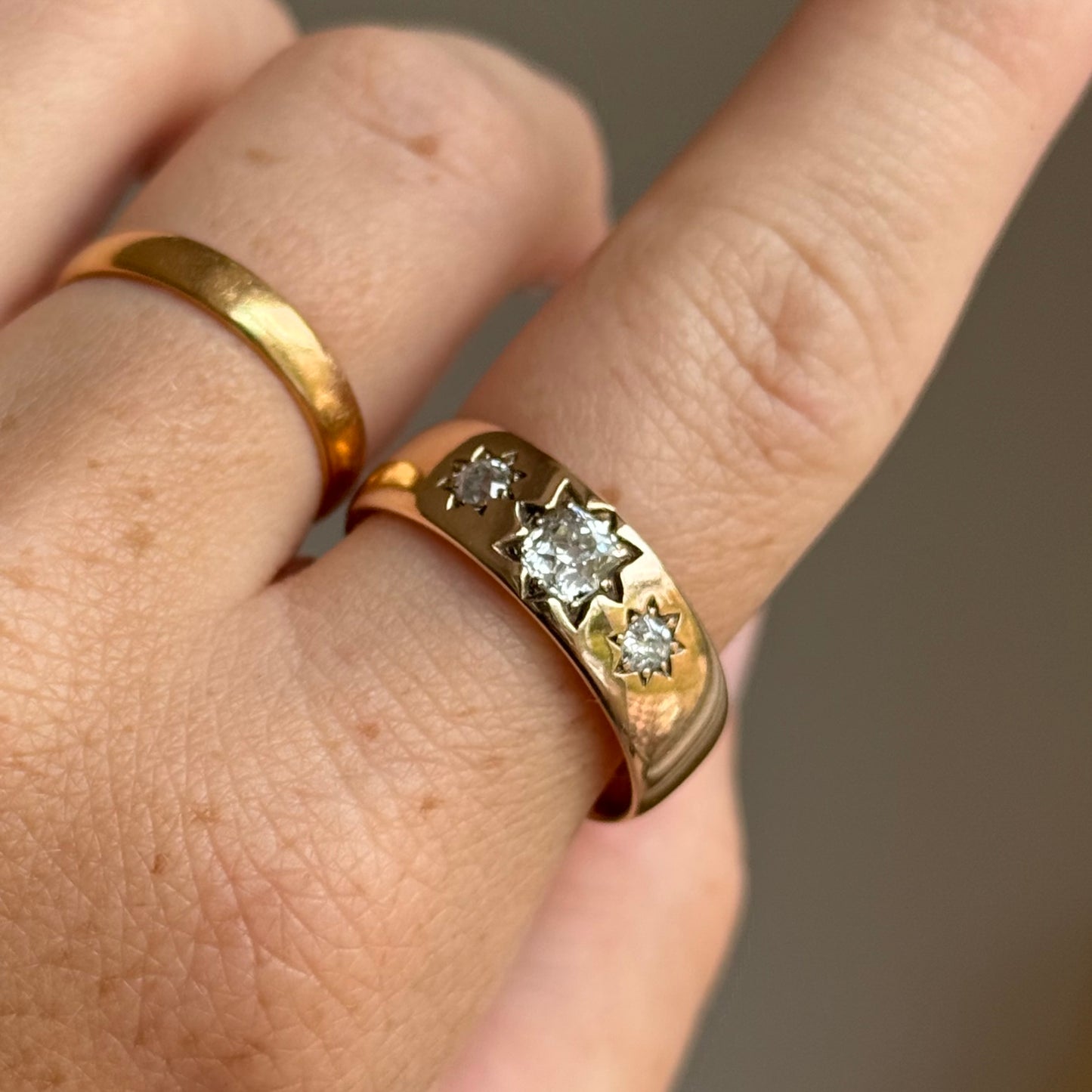 Antique Diamond Trilogy in 9 Carat Rose Gold Ring; Circa 1899