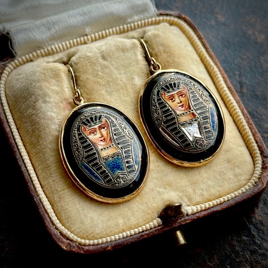 Antique Egyptian Revival Enamel Pharaoh Earrings in 14 Carat Gold
