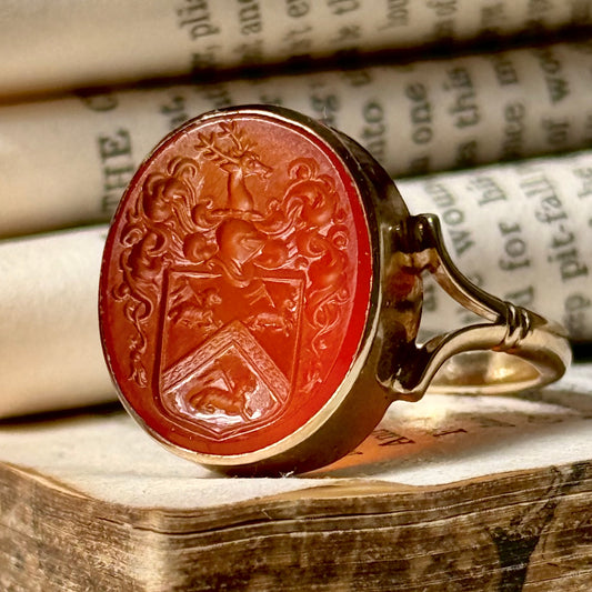 Vintage Ornate Carnelian Intaglio Ring in 9 Carat Gold; Circa 1989
