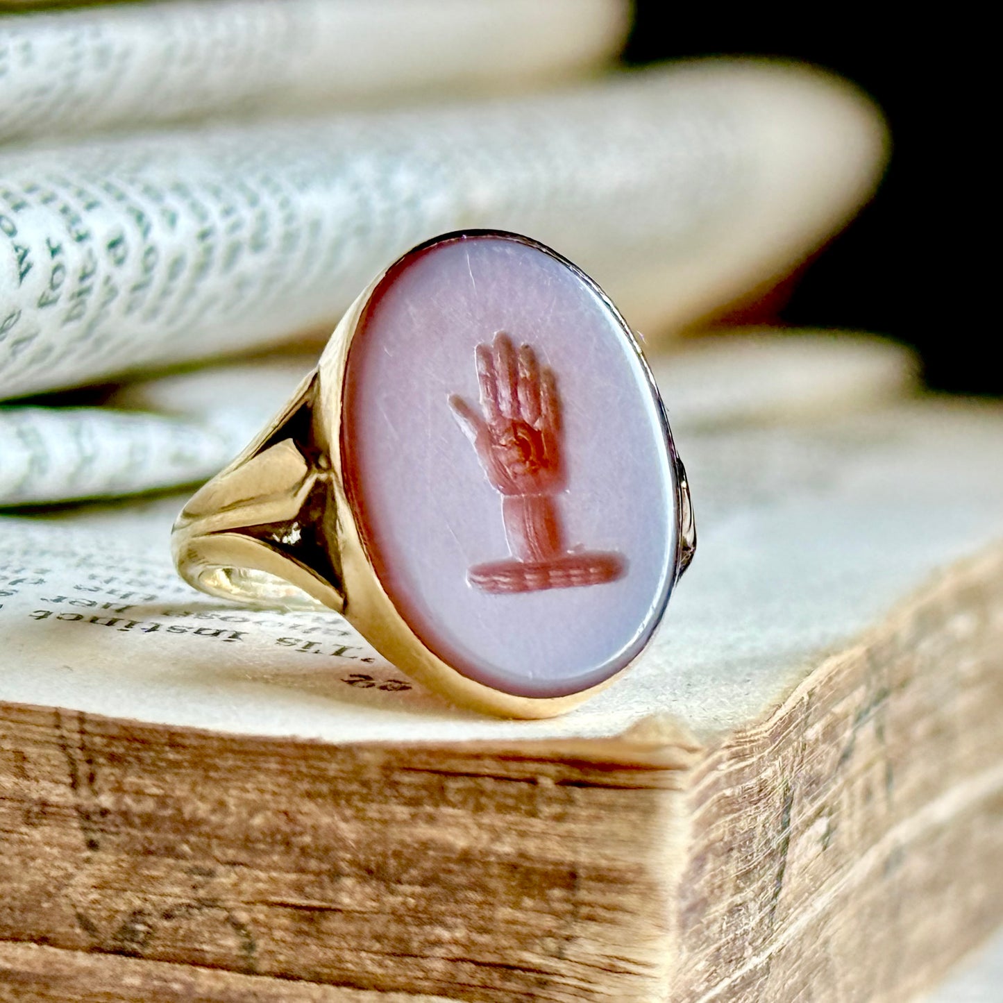 Tiny Sardonyx Hand Intaglio Ring in 9 Carat Gold; Circa 1980