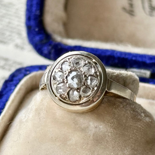 Antique Rose Cut Cluster Ring in 9 Carat Gold; Circa 1895