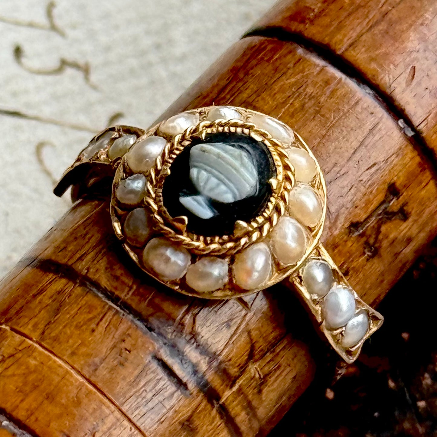 Antique Victorian Pearl Urn Mourning Ring in 15 Carat Gold