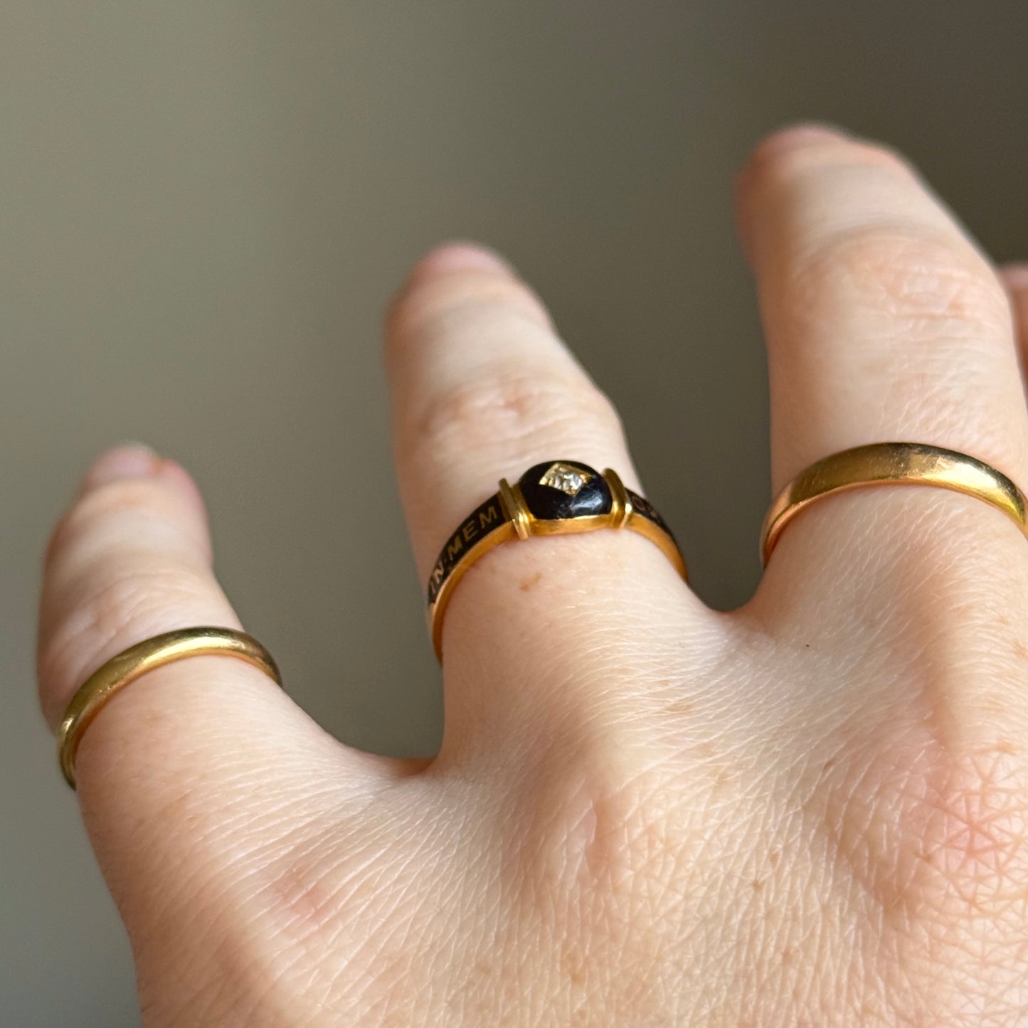 Antique Victorian Diamond Enamel Mourning Ring in 18 Carat Gold; Circa 1894