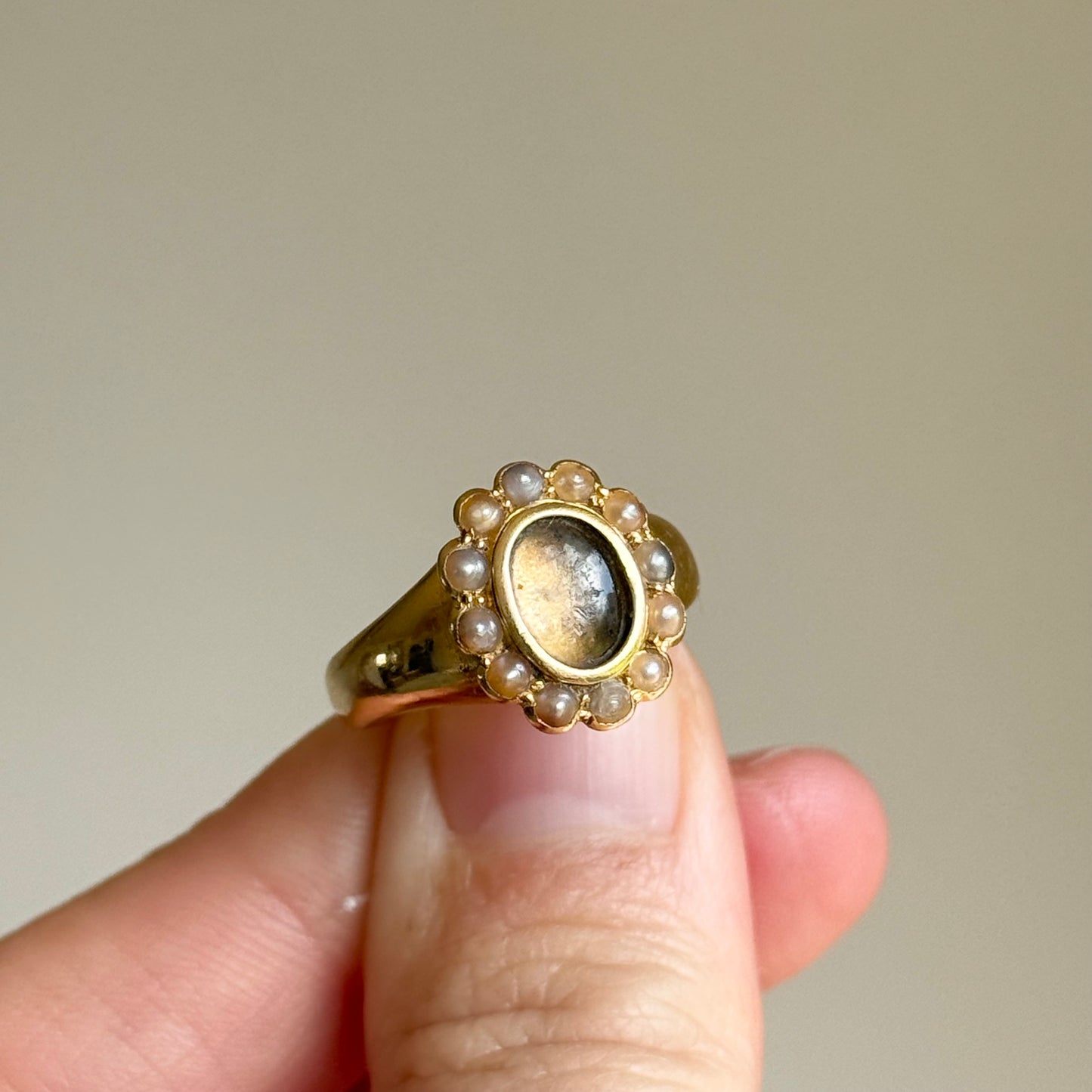 Antique Pearl Locket Ring in 18 Carat Gold; Circa 1917