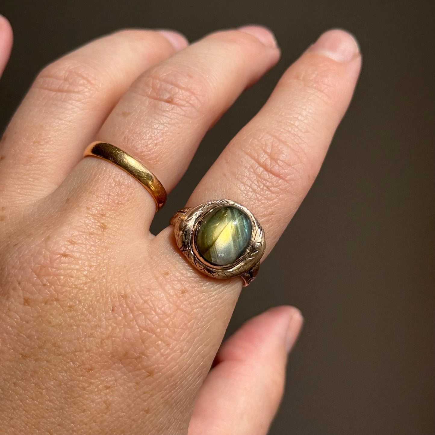 Victorian Laborite Snake Ring in 15 Carat Rose Gold; Circa 1876