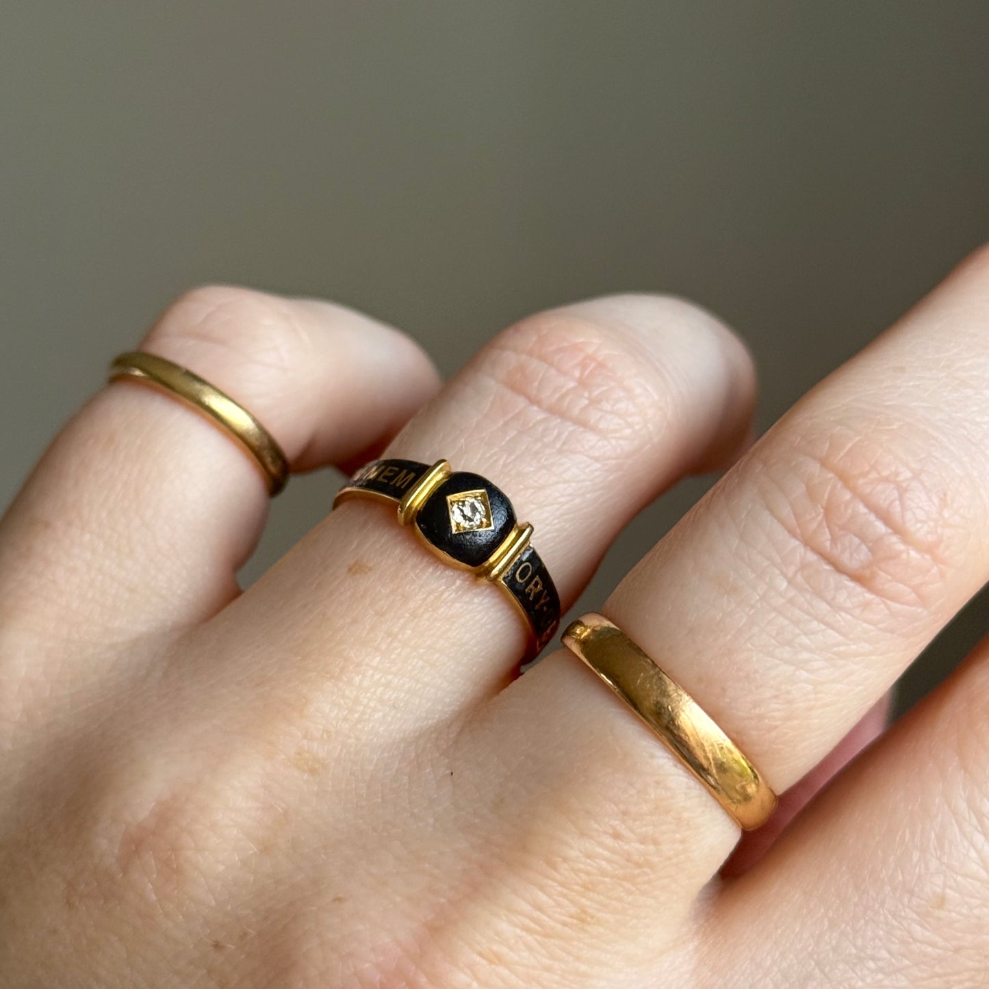 Antique Victorian Diamond Enamel Mourning Ring in 18 Carat Gold; Circa 1894