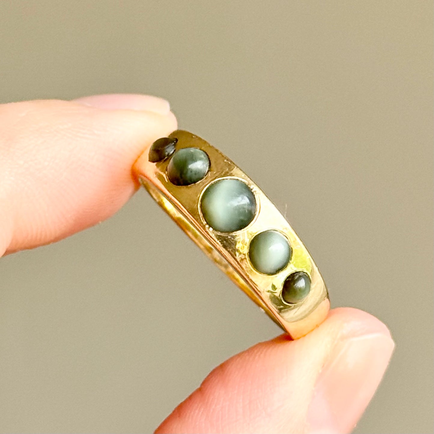 Victorian Chrysoberyl Gypsy Ring in 18 Carat Gold; Circa 1880