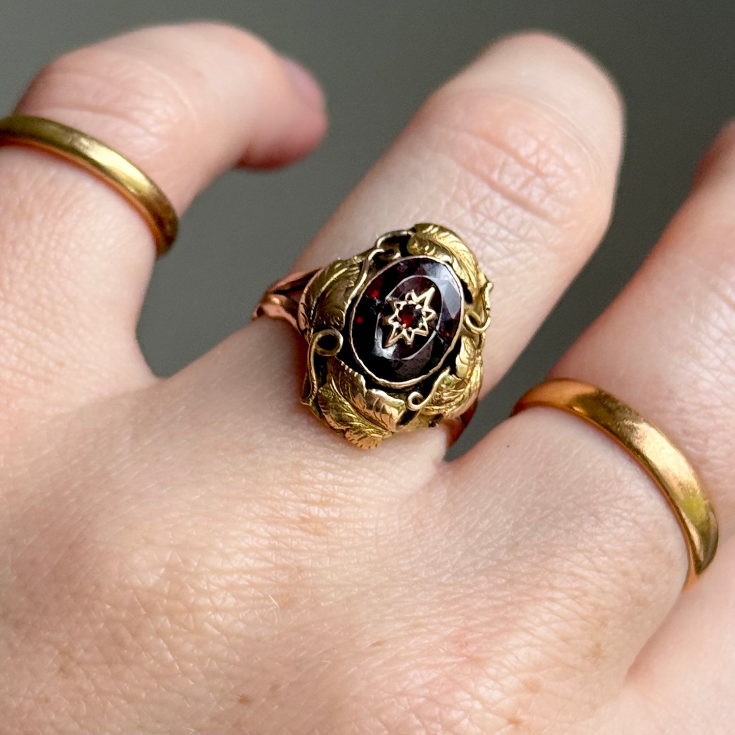 Antique Victorian Floral Garnet Ring in 9 Carat Gold; Circa 1880