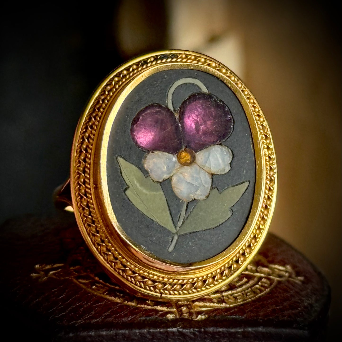 Victorian Pietra Dura Pansy Flower Ring in 9 Carat Gold