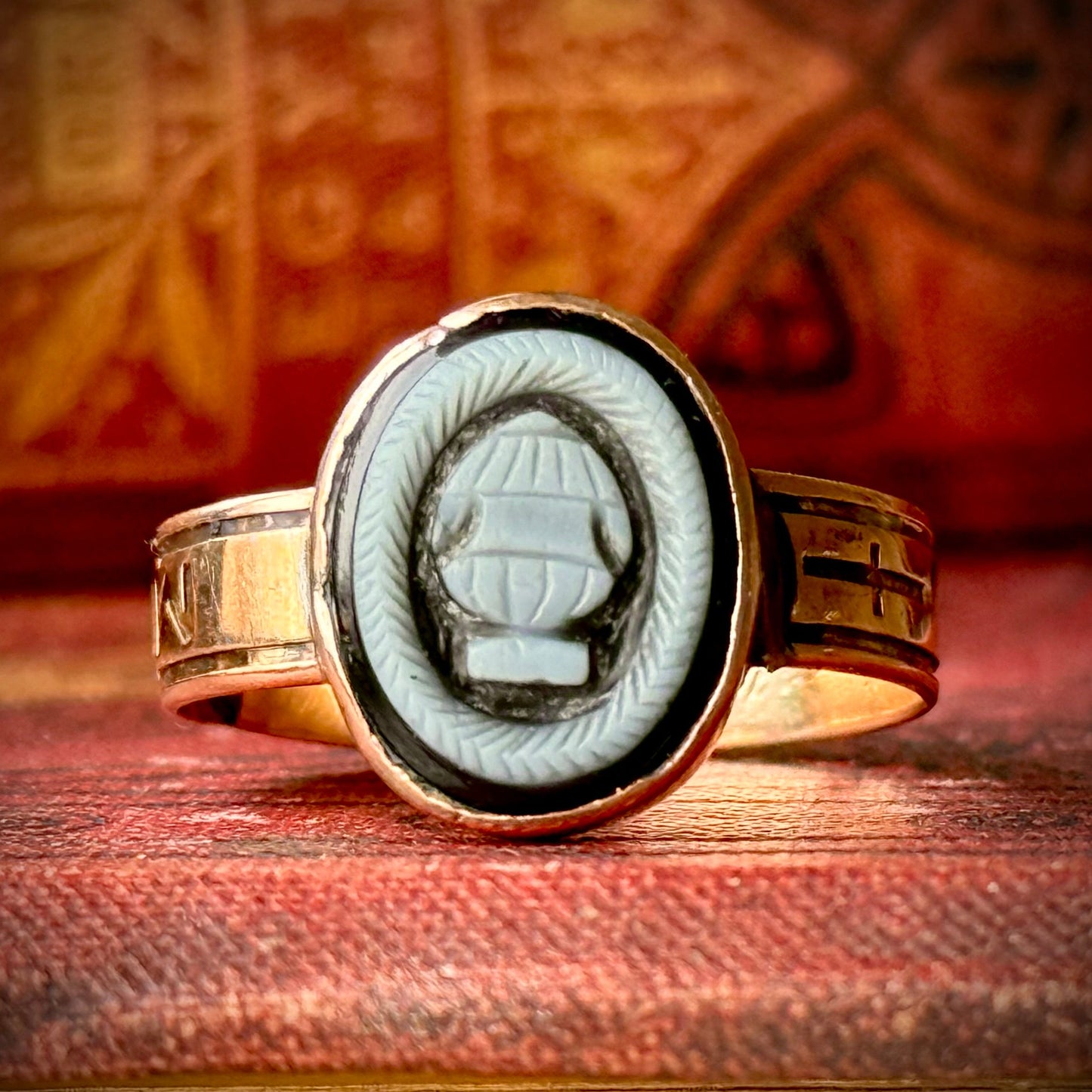 Antique Victorian Sardonyx Urn Mourning Ring in 9 Carat Gold