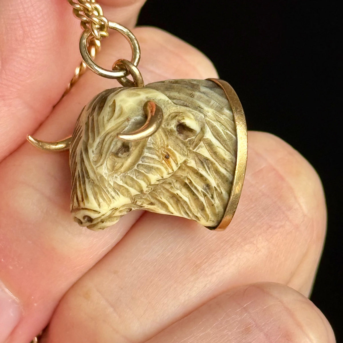 Antique Bull Pendant in Bone & 9 Carat Gold; Circa 1880