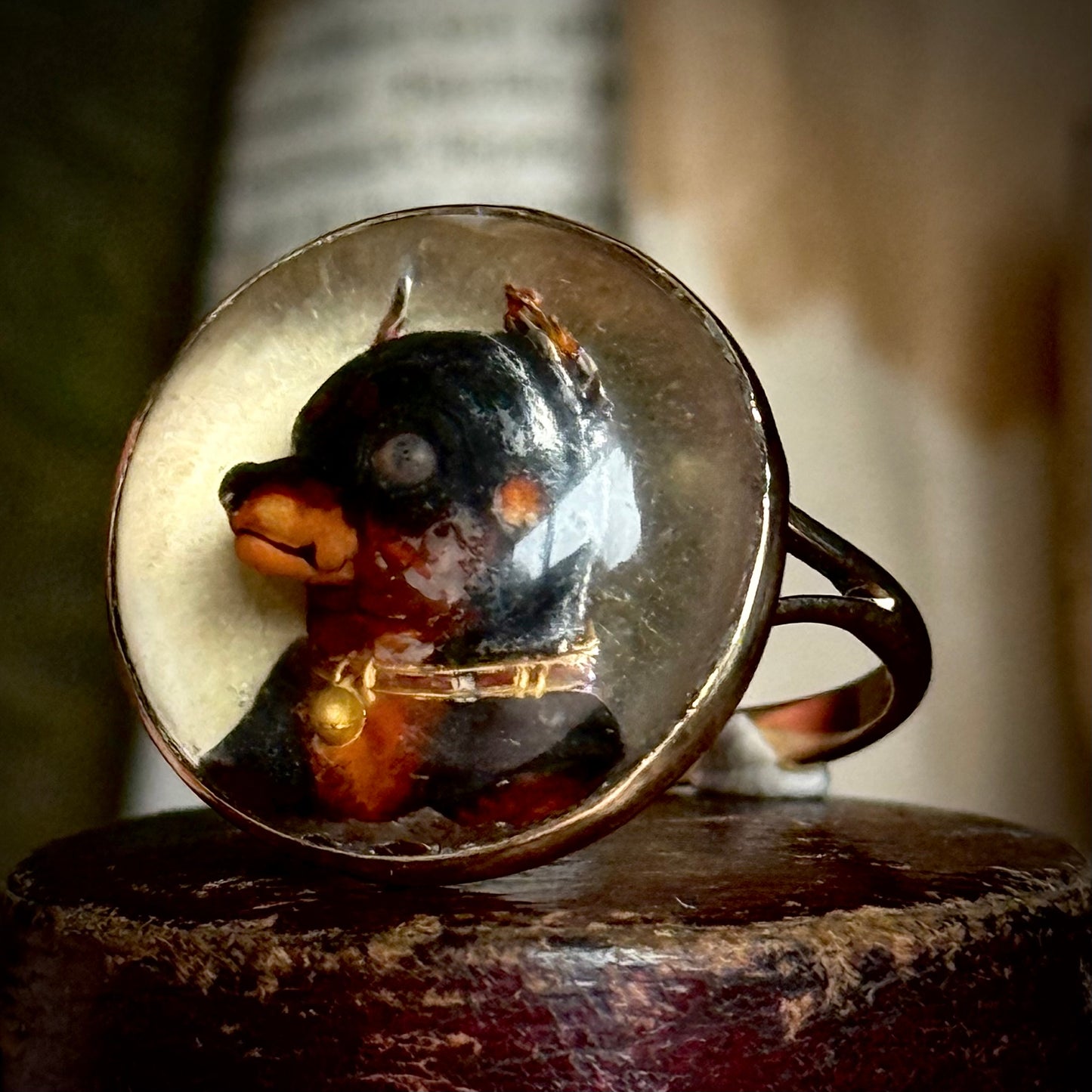 Antique Victorian Essex Crystal Reverse Painted Pinscher Dog Ring, circa 1880