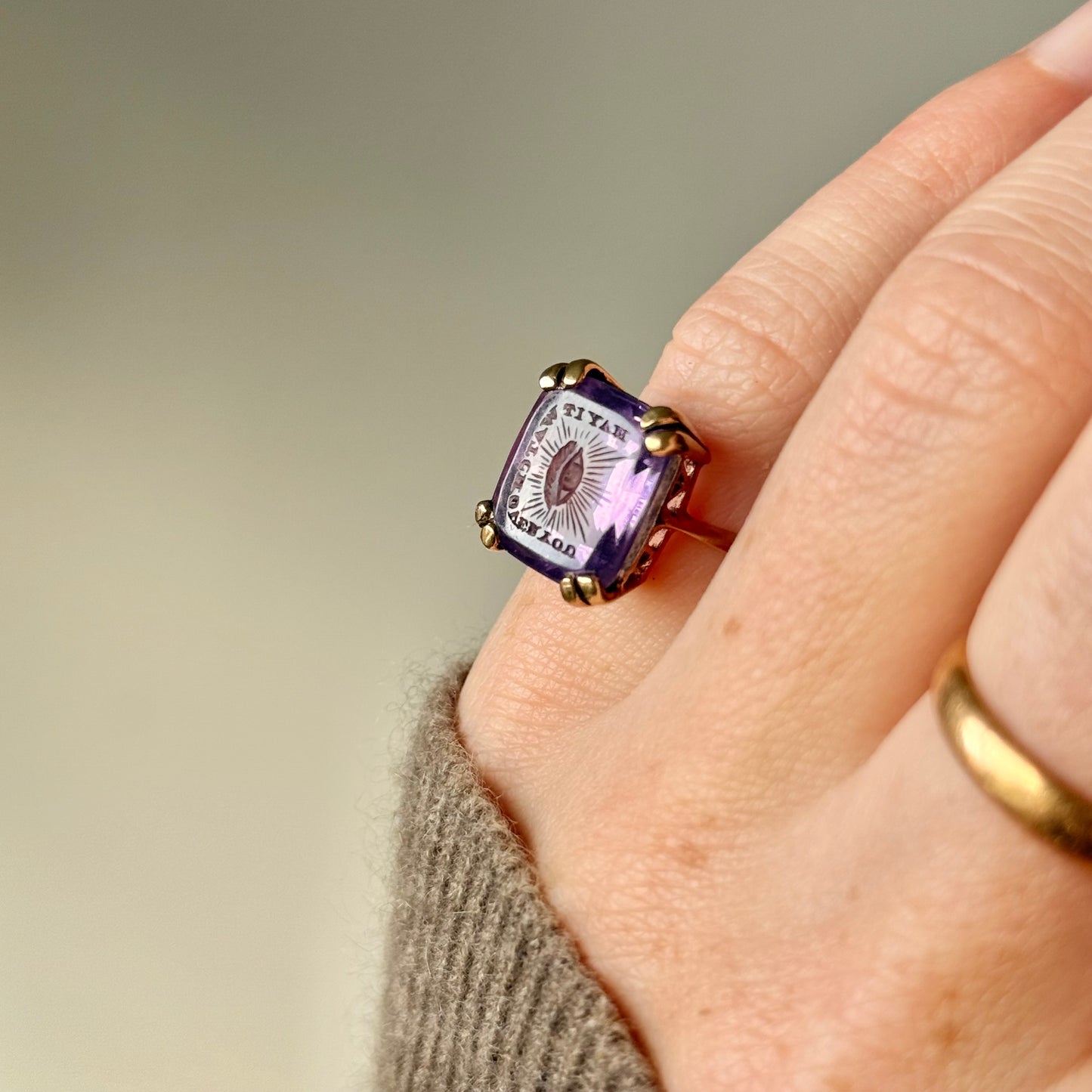 Vintage Amethyst Intaglio “May It Watch Over You” Ring in 9 Carat Gold