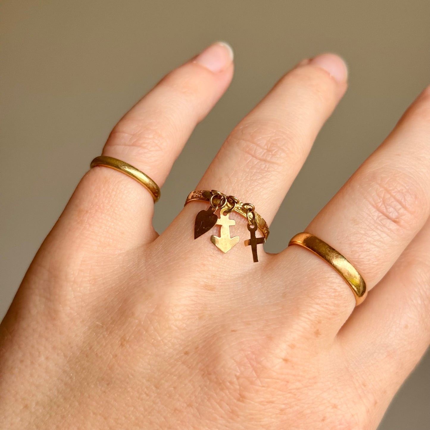 Antique Faith, Hope & Charity Charm Ring in 9 Carat Gold