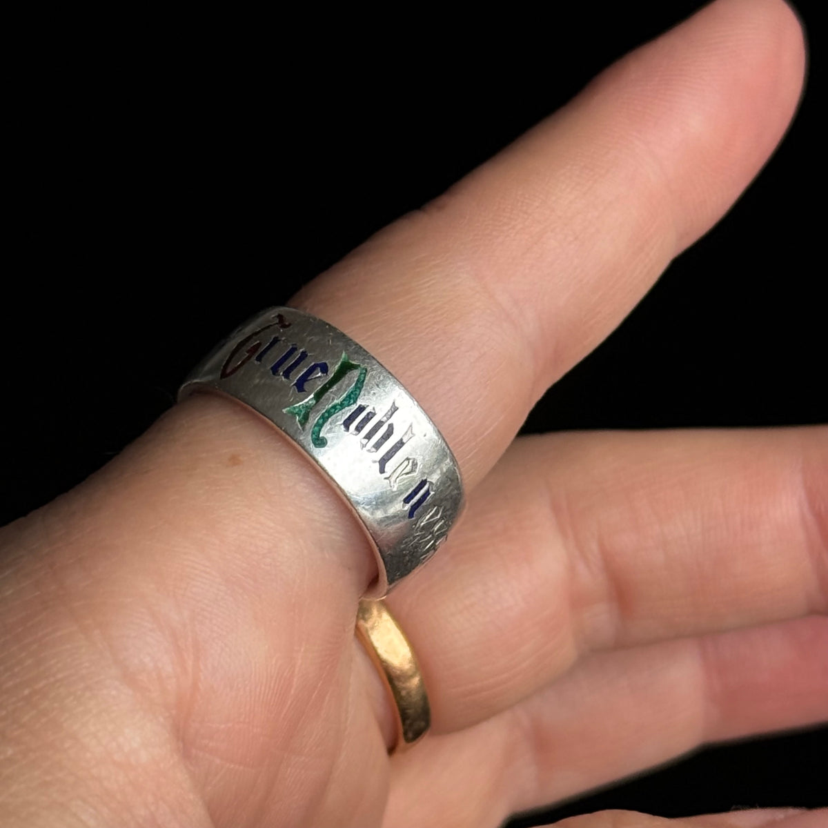 Victorian Enamel Quote Ring in Sterling Silver; Circa 1876