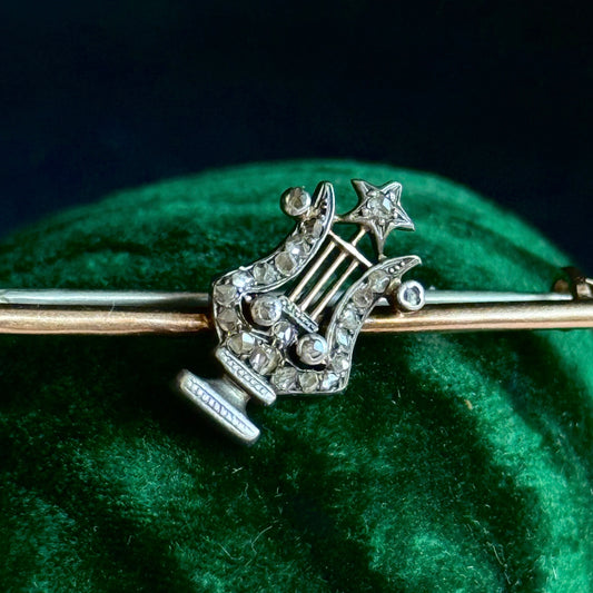 Antique Victorian Diamond & Pearl Lyre Brooch