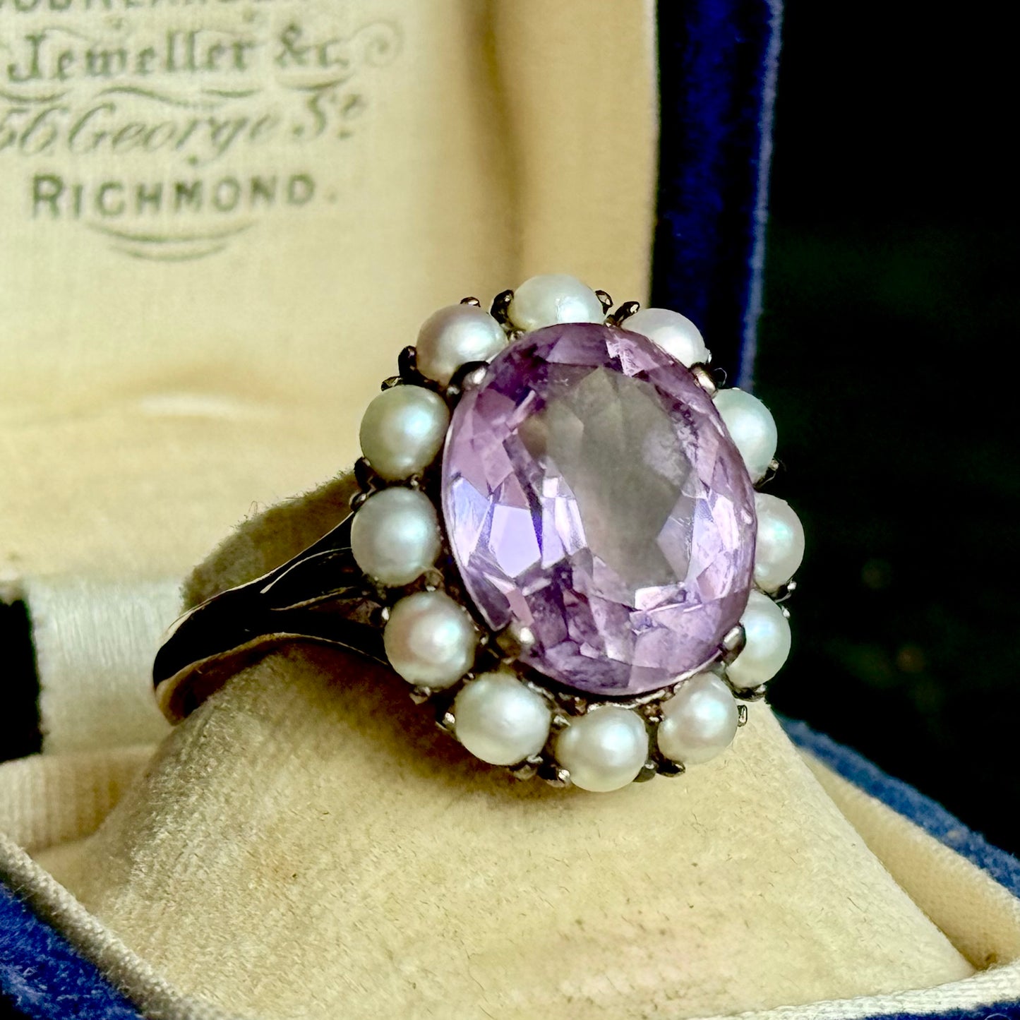 Vintage Amethyst & Pearl Cluster Ring in 9 Carat Gold