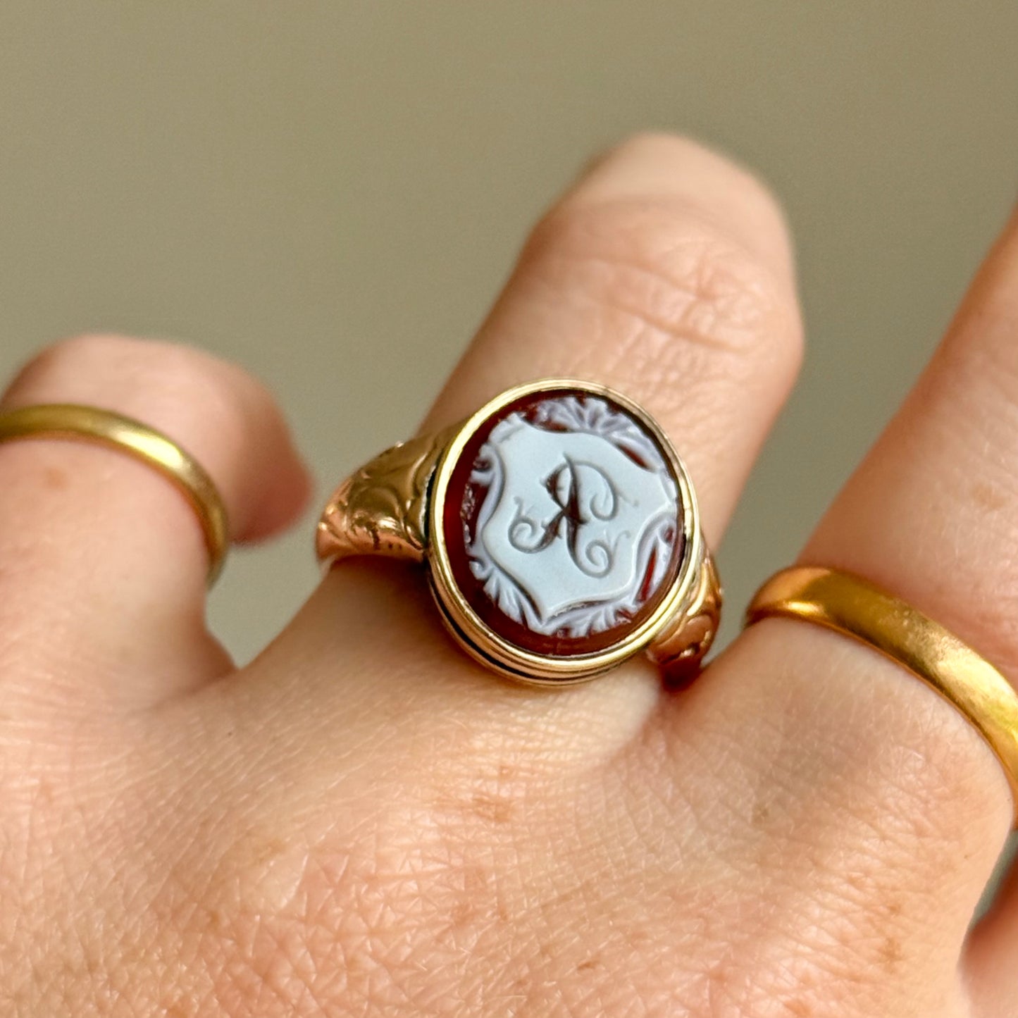 Antique Sardonyx 'R' Ring in 9 Carat Gold; Circa 1880