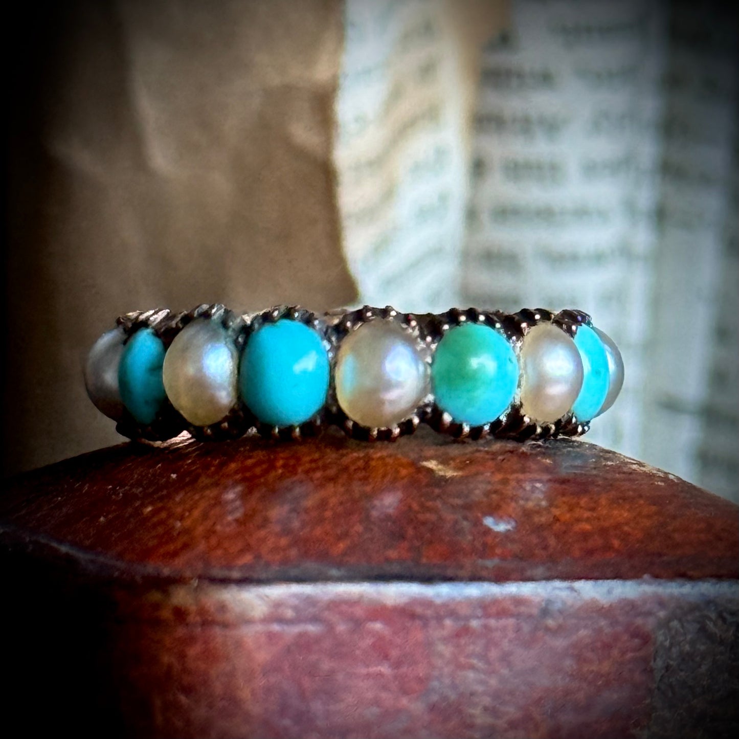 Georgian Rare Turquoise & Pearl Full Eternity in 9 Carat Gold