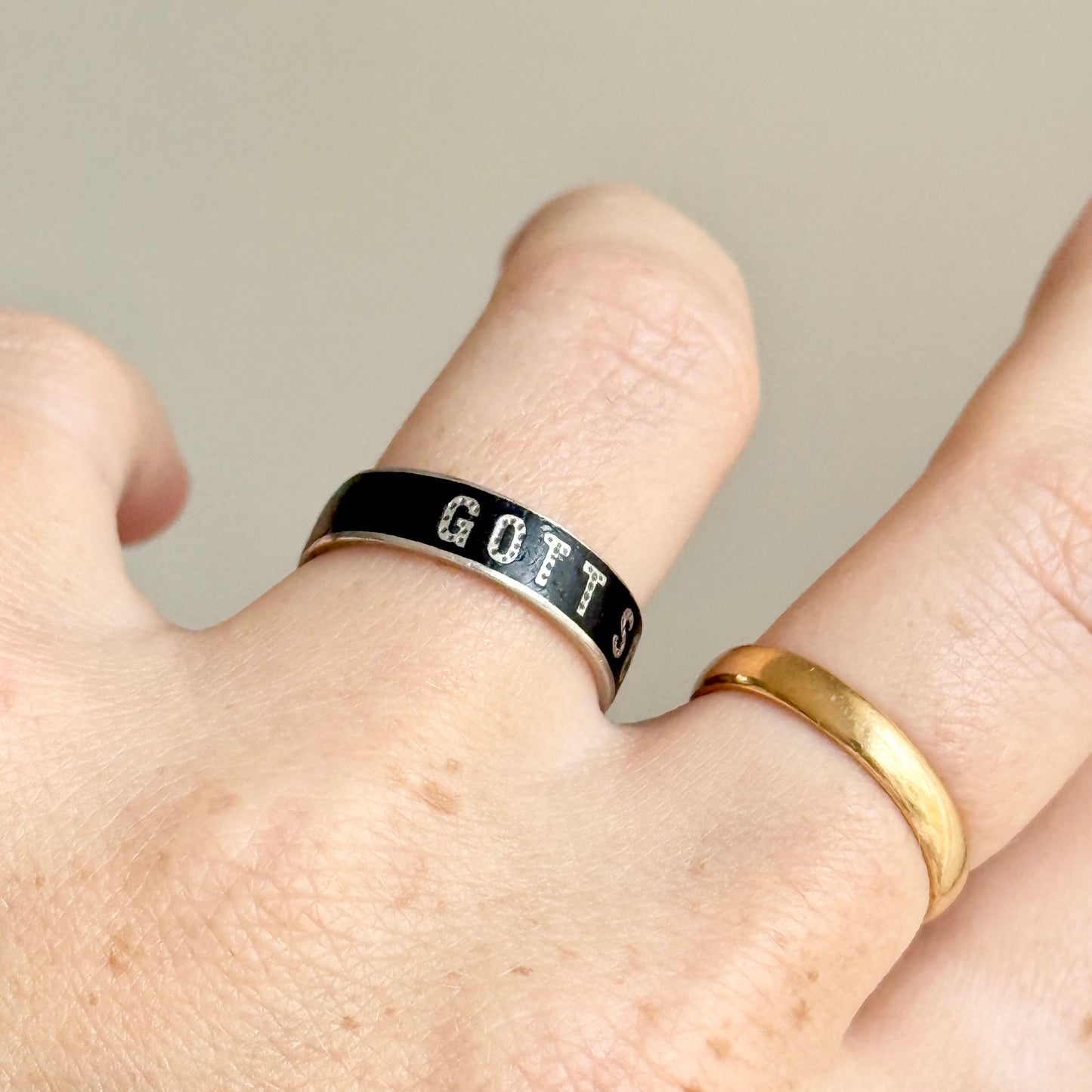 Victorian 'Gott Schütze Dich' Enamel Ring In Silver; Circa 1880