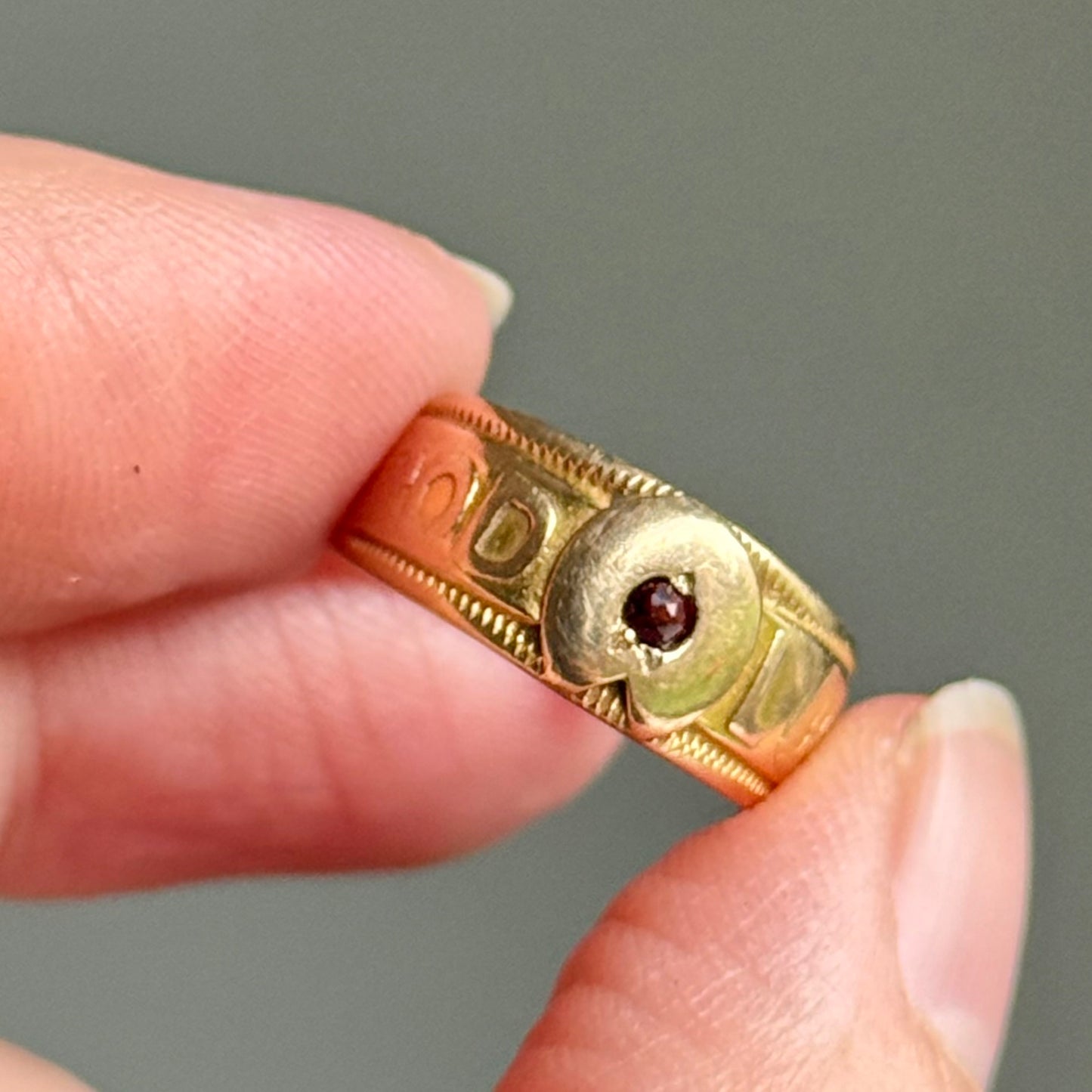 Antique Victorian Good Luck Garnet Ring in 18 Carat Gold; Circa 1855