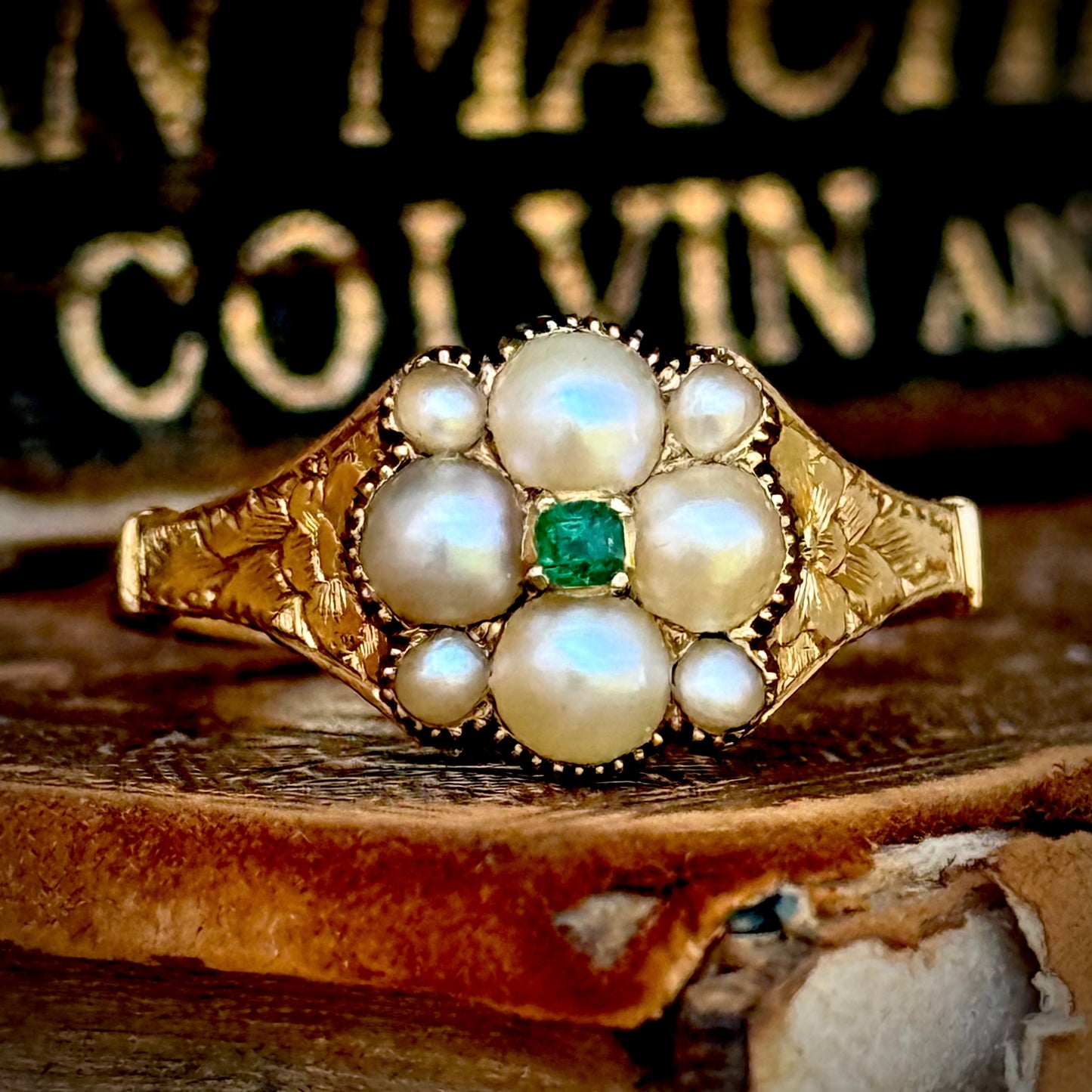 Georgian Emerald & Pearl Floral Ring in 18 Carat Gold