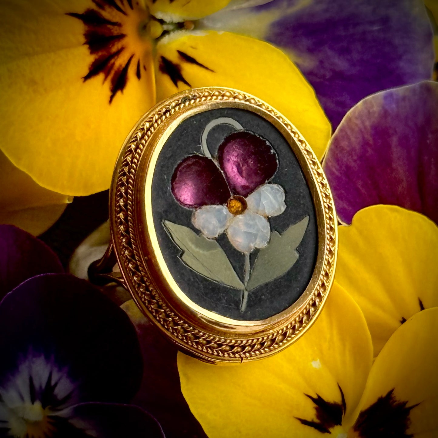 Victorian Pietra Dura Pansy Flower Ring in 9 Carat Gold