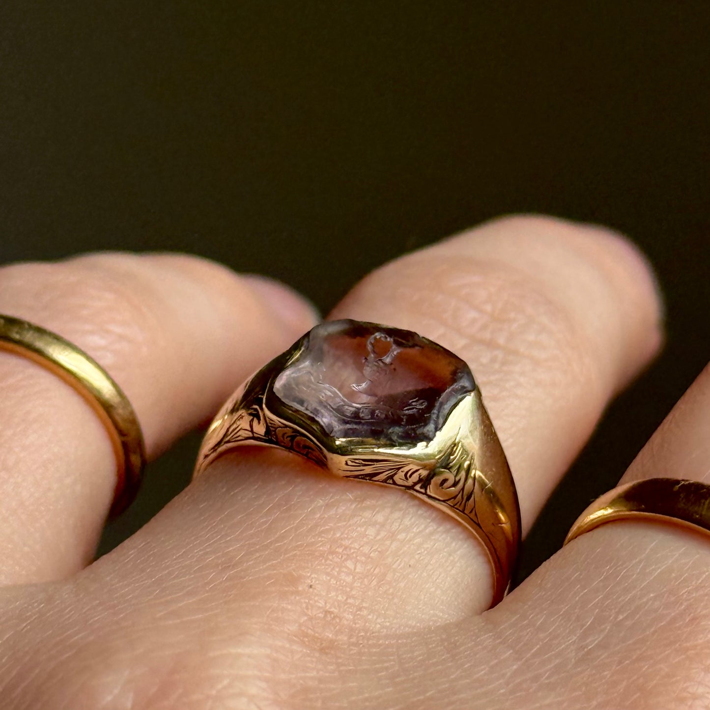 Antique Amethyst Intaglio Signet Ring in 9 Carat Gold