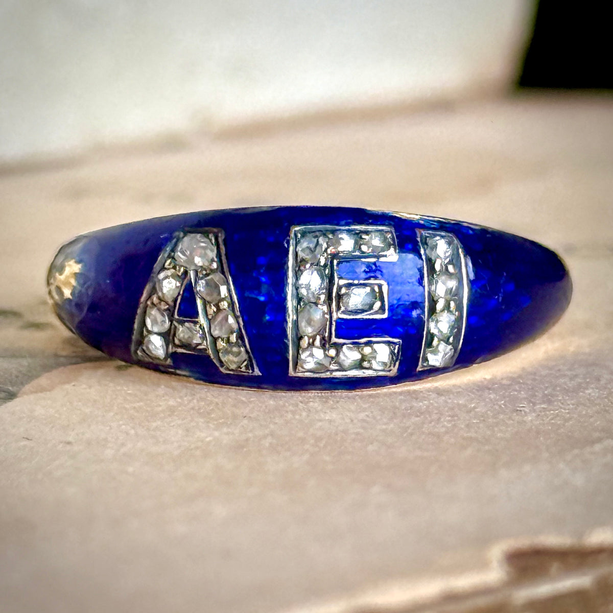 Antique Victorian Sentimental 'AEI' Ring in 18 Carat Gold; circa 1860