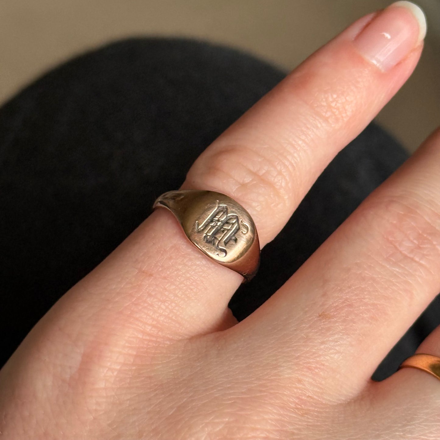 Antique Monogram 'M' Signet Ring in 9 Carat Rose Gold; Circa 1919