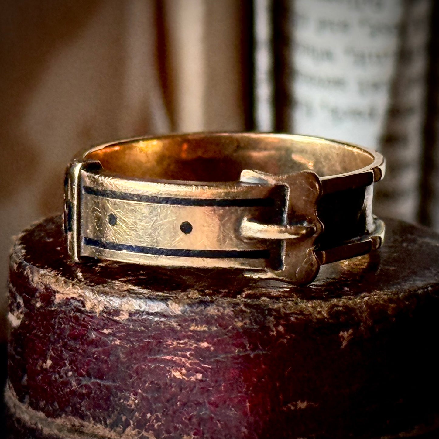 Antique Victorian Enamel Buckle Ring in 9 Carat Gold