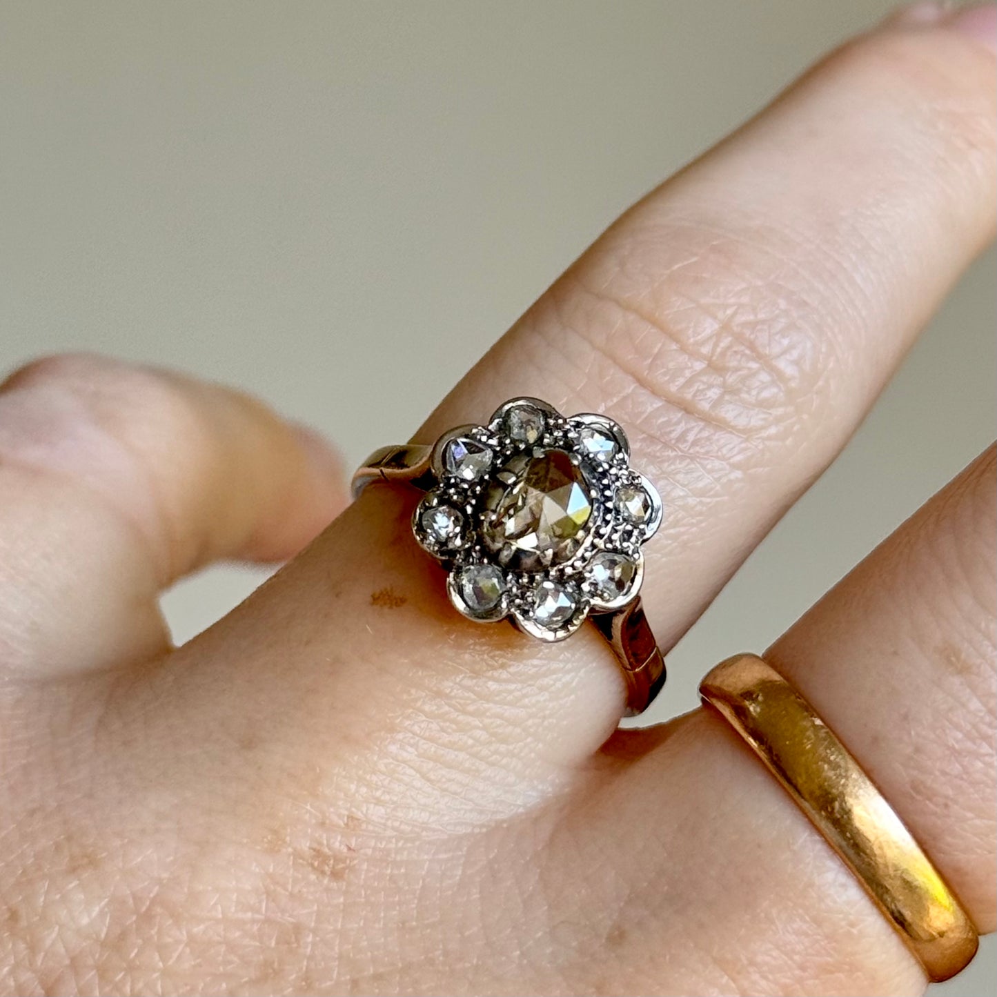 Antique Rose Cut Cluster Ring in 14 Carat Gold; Circa 1880