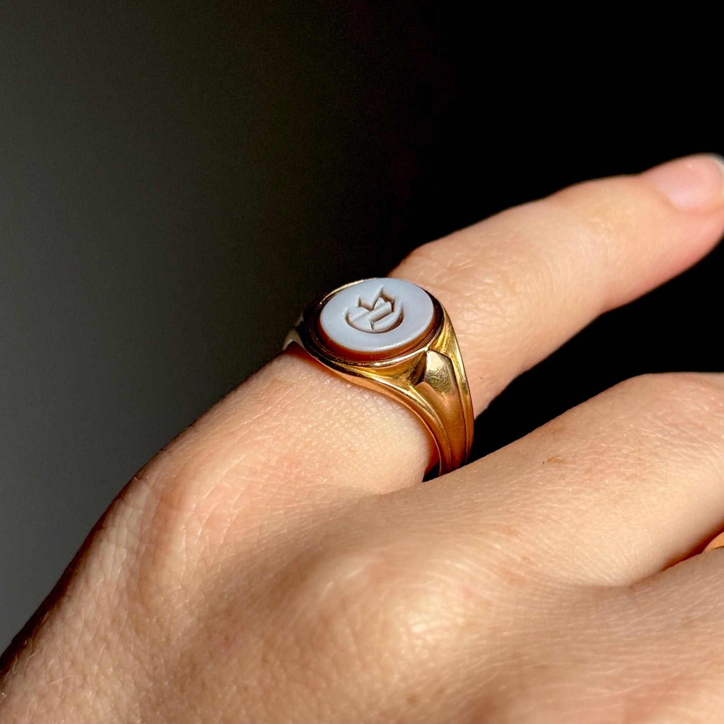 Antique Victorian Sardonyx Monogram 'G'Signet Ring in 15 Carat Gold; Circa 1883